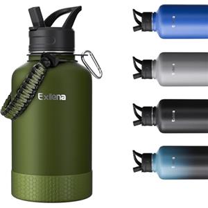 Exllena Borraccia 2 Litri Termica - Bottiglia Termica 18/8 Acciaio Inox Senza BPA con 2 Coperchi e Manico in Paracord - Tenuta Stagna Borraccia Grande per Palestra, Escursionismo...(Verde Militare)
