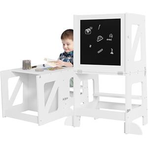 WOLTU 3 in 1 Torre Montessoriana, Scala Montessoriana di Apprendimento, Trasformabile, con Lavagna, Barra Sicurezza, per Bambini di Età Superiore ai 12 Mesi, Bianco