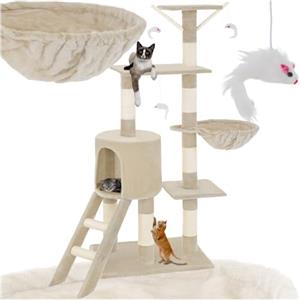 tectake® Albero Tiragraffi per Gatti, Comoda Casetta Gatto, 3 Topolini Giochi Gattino, Vari Piani, Struttura Resistente, Tiragraffi per felini Adulti e Cuccioli, Altezza 144 cm - Beige