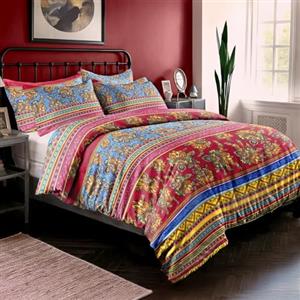 Dreamzie Copripiumino Una Piazza e Mezza 155x220 cm con 2 Federe 80x80 cm - In Microfibra - Motivo Boho Mandala Indiano Rosse & Blu - Set Copripiumino Una Piazza e Mezza 155x220