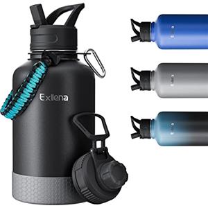 Exllena Borraccia 2 Litri Termica - Bottiglia Termica 18/8 Acciaio Inox Doppio Isolamento Termico, Senza BPA con 2 Coperchi e Manico in Paracord - Tenuta Stagna Borraccia Grande(Nero)
