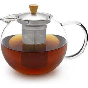 GLASWERK Tisaniera Infusiera Con Coperchio, Teiera con Infusore Estraibile in Acciaio Inox, Theiera In Vetro Borosilicato Con Filtro e Impugnatura in Legno, 5 Tazze, Ideale per The e Tisane (1,3 L)