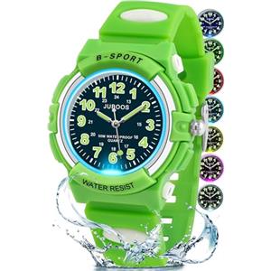 Juboos Analogischer Orologio Für Kinder Mit 7 Farbigen Nachtlichtern, Impermeabile, Weicher Armband, Quarz-Armbanduhr Für Jungen Und Mädchen 5-18 Jahre (rosa) (verde)