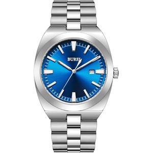 BUREI Orologio da Uomo in Acciaio Inox, Analogico, Impermeabile, con Data, Classico, Affari, al Quarzo, Oro Blu, Bracciale (Argento Blu)