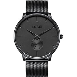 BUREI Orologio minimalista ultra sottile, cinturino in pelle con due quadranti, impermeabile da uomo per uso quotidiano, argento, Classico (Nero, Acciaio inossidabile)