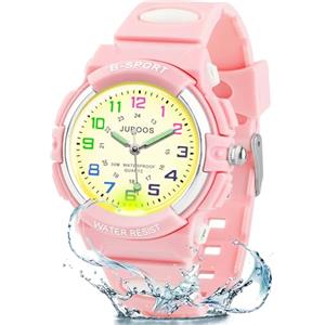 Juboos Orologio Analogico Per Bambini Con 7 Luci Notturne A Colori, Impermeabile, Cinturino Morbido, Orologio A Quarzo Per Ragazzi E Ragazze 5-18 Anni (Rosa) (Polvere)