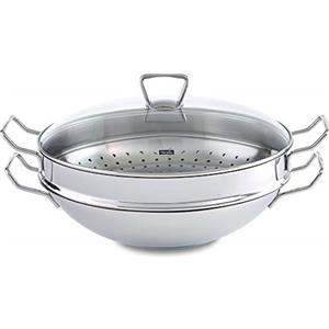 Fissler Nanjing Padella wok in acciaio inox 36 cm, grande padella wok senza rivestimento, padella di ispirazione asiatica con coperchio in vetro, incluso inserto vaporiera, anche a induzione