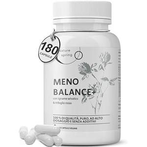Nature spring Meno Balance Complex - 180 Capsule Menopausa Alta Dose - Formula Vegetale con Igname Selvatico, Trifoglio Rosso e Valeriana con Ferro, Vitamine B6, B12 e Acido Folico - Integratore Menopausa Testato