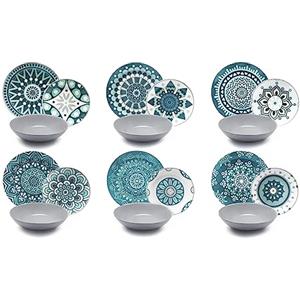 Excelsa Mandala Servizio Piatti 18 Pezzi, Porcellana, Azzurro/Grigio