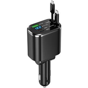 Wixzor 105W Caricabatteria Auto 5-in-1 con Cavo USB-C Retrattile | Ricarica Rapida per iPhone 16 Pro Max/16 Pro/16 | Accessori Auto Universali | Compatibile con Samsung, Tablet, GPS | Ideale per Auto 12V/24V