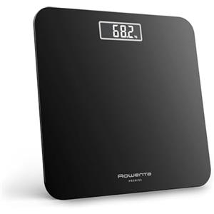 Rowenta Premiss 2.0, Bilancia da Bagno con Display LCD Facile da Leggere, Capacità 160Kg, Design Moderno e Funzioni Intelligenti, Auto Accensione e Spegnimento Automatico, Colore Nero, BS1800V0