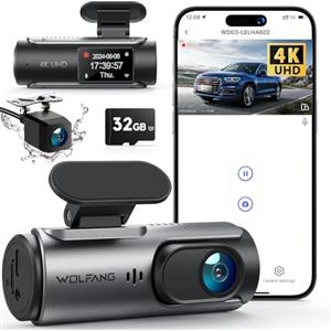 WOLFANG Dash Cam Auto 4K, Doppia WiFi Dashcam per Auto con Scheda SD 32G, Telecamera Auto 170° Grandangolo, Visione Notturna,G-Sensor, WDR, Monitor di Parcheggio, Registrazione in Loop
