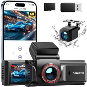 WOLFANG Dash Cam Auto 4K, Doppia Telecamera WiFi per Auto, Schermo da 3", Super Dashcam con Visione Notturna, Monitor di Parcheggio, Sensore G, 170° Grandangolo, WDR, Scheda SD 32G