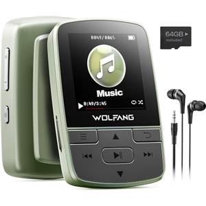 WOLFANG Lettore MP3 da 64 GB con Bluetooth 5.2, clip sportiva, formato mini, peso 28,3 g, radio FM HiF, registratore vocale, auricolari inclusi, Verde Militare