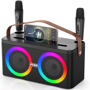 PKBD Karaoke Microfono con Supporto per Telefono/Pad, Altoparlante Portatile Bluetooth con 2 Microfoni Wireless/Luci LED/Sistema PA per Feste in Casa, Regali per Esterni/Interni/di Compleanno