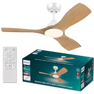 Philips Olas Ventilatore a Soffitto, 3 Pale, Diametro 106 cm, Motore DC, Temperatura Colore 3000k-4300k-6500k, Dimmerabile, Include Telecomando, Legno Bianco