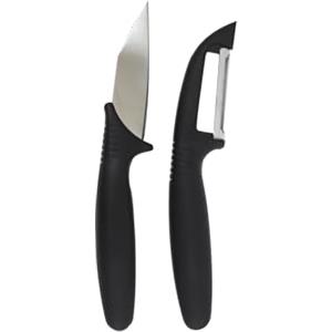 Fackelmann Set di Coltello da cucina con lama seghettata e Pelapatate Universale affilato, manico ergonomico nero, per tagliare e sbucciare frutta e verdura