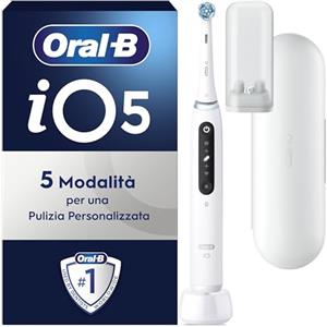 Oral-B Spazzolino Elettrico Ricaricabile iO 5N, Sensore di Pressione, 5 Modalità di Spazzolamento, 1 Spazzolino Elettrico Oral B, 1 Testina, Custodia da Viaggio, Bianco, Idea Regalo