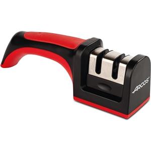 ARCOS Affilatore Professionale con Manico Ergonomico per l'Uso Manuale per Affilare e Lucidare i Coltelli. Rulli in Ceramica e Carbonio. Colore Rosso e Nero
