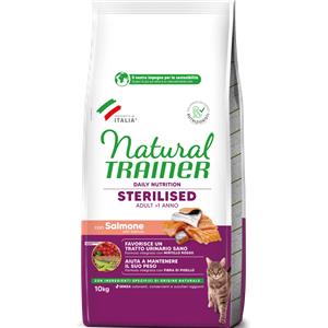 Trainer Natural Crocchette per Gatti Adulto Sterilizzati con Salmone - 10 kg, Alimento Completo con Fibra di Pisello e Mirtillo Rosso