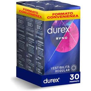Durex Sync, Forma Easy-on con Rilievi e Nervature con Lubrificante Lunga Durata, 30 Profilattici Spessi, 3 confezioni