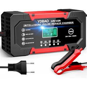 YDBAO Caricabatterie Auto 10A 12V Carica Batteria per Auto Moto Intelligente Multi Protezioni Riparazione di Moto Auto con Schermo LCD per AGM LiFePO4