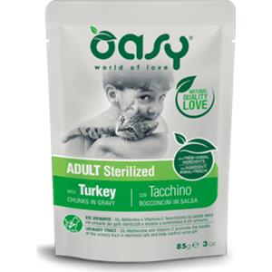 Oasy per Gatto Adult Sterilized con Bocconcini di Tacchino in salsa da 85 gr