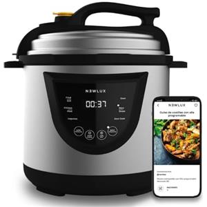 NEWLUX - Pentola a Pressione Elettrica 6 Litri Acciaio inossidabile V110 1000W con 10 Menù. Programmabile 24h, Conserva il Calore, Sistema Duopressione e 100% Antiaderente