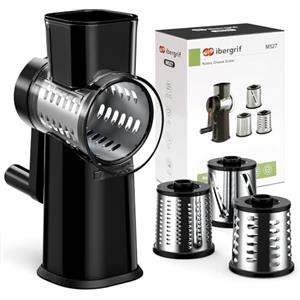 Ibergrif Grattugia Formaggio Manuale con Manovella - Mandoline 3 in 1, 3 Lame Acciaio Inox 430, Protezione Dita, Base Ventosa, per Verdure, Formaggio e Frutta Secca