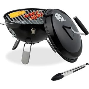 Relaxdays Barbecue a Carbonella Portatile, Ø 37 cm, Grill a Carbone con Coperchio, Esterno, Giardino e Campeggio, Nero