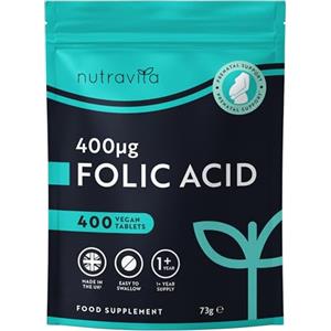 Nutravita Acido Folico 400 mcg - 400 Compresse Vegane - Copertura di 13 mesi - Sostegno per la gravidanza - Funzione normalizzante del Sistema Immunitario - Prodotto in Uk da Nutravita
