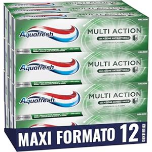 Aquafresh Dentifricio Multi Action per tutta la Famiglia, Previene le Carie, Gengive Sane, Alito Fresco, Rimuove le Macchie, Smalto Forte, Pacco da 12 x75ml