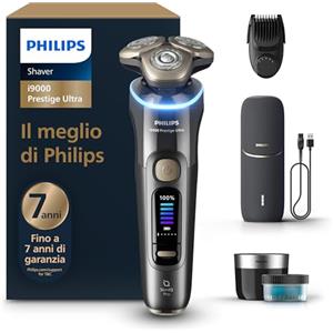 Philips Shaver i9000 Prestige Ultra, rasoio elettrico Wet & Dry, tecnologia Skin IQ Pro, triplo sistema di sollevamento e taglio, lame di precisione NanoTech 360º, 5 modalità di rasatura, XP9402/46