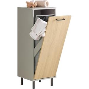 SoBuy Mobile Bagno con Sacco Portabiancheria a Ribalta - Mobiletto Bagno Stretto con Gambe in Metallo & Cesto Portabiancheria - Cesta per la Biancheria, Grigio Naturale, 31,5x86x30cm BZR132-NG