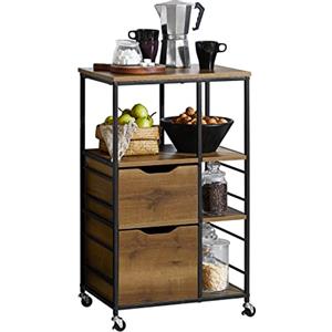 SoBuy Carrello cucina industriale mobile salvaspazio con cassetti e ripiani mobile cucina con ruote per credenza cassettiera, isola cucina compatta per piccoli spazi Marrone 89x53x37cm FKW111-PF