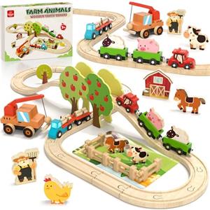 Lehoo Castle Trenino Legno, Pista di Legno per Bambini, Giocattolo Fattoria, Montessori Regalo per Bambini 3 4 5 6
