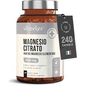 VitaBright Magnesio Citrato Capsule 240 x4 mesi, 1480mg Integratore Citrato Di Magnesio in Polvere/Elementare 444mg. Integratore Magnesio Chelato, Magnesio Regolarità Intestinale - Magnesio Compresse VitaBright