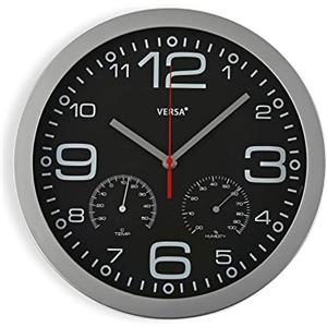 VERSA Pamuk Orologio da parete silenzioso per la cucina, per cucina o soggiorno con igrometro e termometro, Misure (A x L x l) 30 x 4,1 x 30 cm, Alluminio e vetro, Colore Argento e nero