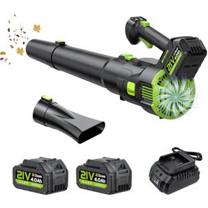 Gisam Soffiatore a Batteria, Gisam Soffiatore Elettrico Senza Spazzole con 2x4.0Ah Batterie, Soffiatore Foglie 2 Velocità+Turbo Modalità Max 25000RPM, Volume d'aria 750m³/h per Giardino