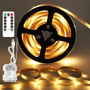 MUSUNIA Striscia LED a batteria - Striscia LED bianca calda da 2,5 m alimentata a batteria o USB, con telecomando timer a 8 modalità, tagliabile, impermeabile per armadi, scale, cucina, letti