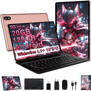 UJJ Tablet 10 Pollici Android con 20GB RAM+128GB ROM (TF 2TB), 5G WiFi 6, Octa-Core, 2.0 GHz, GMS, Bluetooth 5, 5MP + 8MP, 1280 * 800 FHD IPS, 2025 Newest Tablet Widevine L1 con Tastiera e Mouse, Oro Rosa