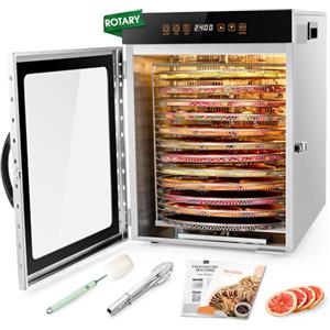 Kwasyo Essiccatore Alimentare Acciaio Inox, 1000W, 12 rotante vassoi, essiccatura automatica, 67 Ricette Gratuite, Timer 24H, Essiccatore Multiuso, Vassoi Lavabili in Lavastoviglie