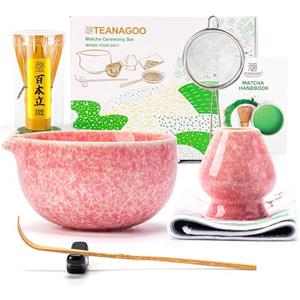 TEANAGOO Set di fruste Matcha, set da 7 pezzi, rosa, kit per cerimonia matcha, set da tè matcha per fare latte, ciotola in ceramica (chawan) con beccuccio e frusta, regalo per gli amanti del matcha