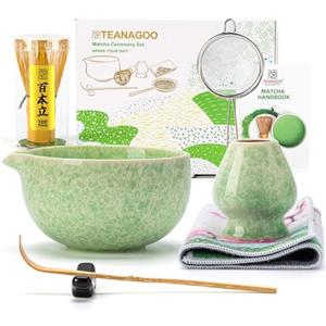 TEANAGOO Set di fruste Matcha, 7 pezzi, verde, kit per cerimonia matcha, set da tè matcha per fare latte, ciotola in ceramica (chawan) con beccuccio e frusta, regalo per gli amanti del matcha