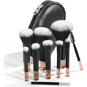 Omnikryp 10 Pezzi Set Pennelli Make Up, Pennelli Trucco Professionali, Premium Synthetic Pennello Make Up, Pennello per Fondazione Cipria Fard Blush Correttore, Ombretto, Borsa per il Trucco, Nero