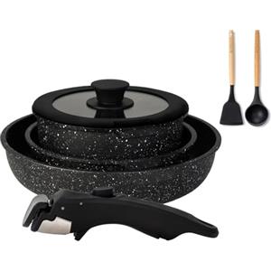 BOREINE Set di Pentole e Padelle 7 Pezzi, Batteria Pentole Antiaderente Senza PFOA e PTFE, Manico Removibile, Compatibile Induzione, Gas, Forno e Tutti i Piani Cottura, Nero