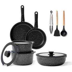 BOREINE Set di Pentole e Padelle 14 Pezzi, Batteria Pentole Antiaderente Senza PFOA e PTFE, Manico Removibile, Compatibile Induzione, Gas, Forno e Tutti i Piani Cottura, Nero