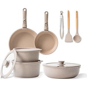 BOREINE Set di Pentole e Padelle 14 Pezzi, Batteria Pentole Antiaderente Senza PFOA e PTFE, Manico Removibile, Compatibile Induzione, Gas, Forno e Tutti i Piani Cottura, Marrone