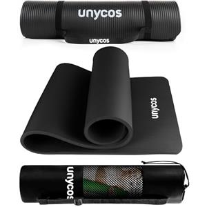 unycos - Tappetino Antiscivolo da Yoga, Pilates e Ginnastica Extra Spesso 10 mm, 183x60 cm | 72,04"x23,62" Materassino Fitness, Schiuma NBR, Tracolla, Borsa, E-Book di 50 Esercizi (Nero)