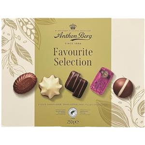 Anthon Berg - Praline di Cioccolato Assortite Favourite Selection, Scatola Regalo da 250g, 24 Cioccolatini Ripieni Gourmet con Cacao Certificato Rainforest Alliance